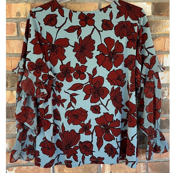 Dennis Basso Women’s Printed Caviar Crepe Ruffled Top With Chiffon Sleeves 1X - Picture 7 of 10